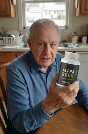 An AlphaRock customer holding a bottle of the male performance support capsules