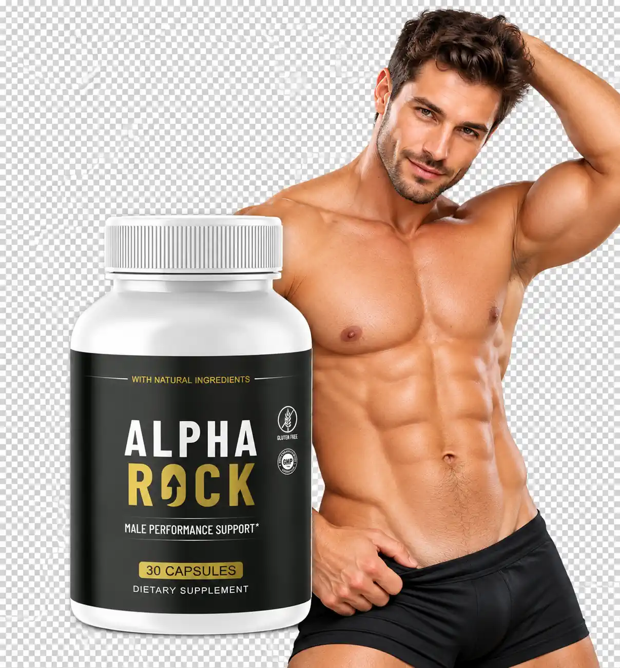 AlphaRock male performance support capsules shown with an active adult man